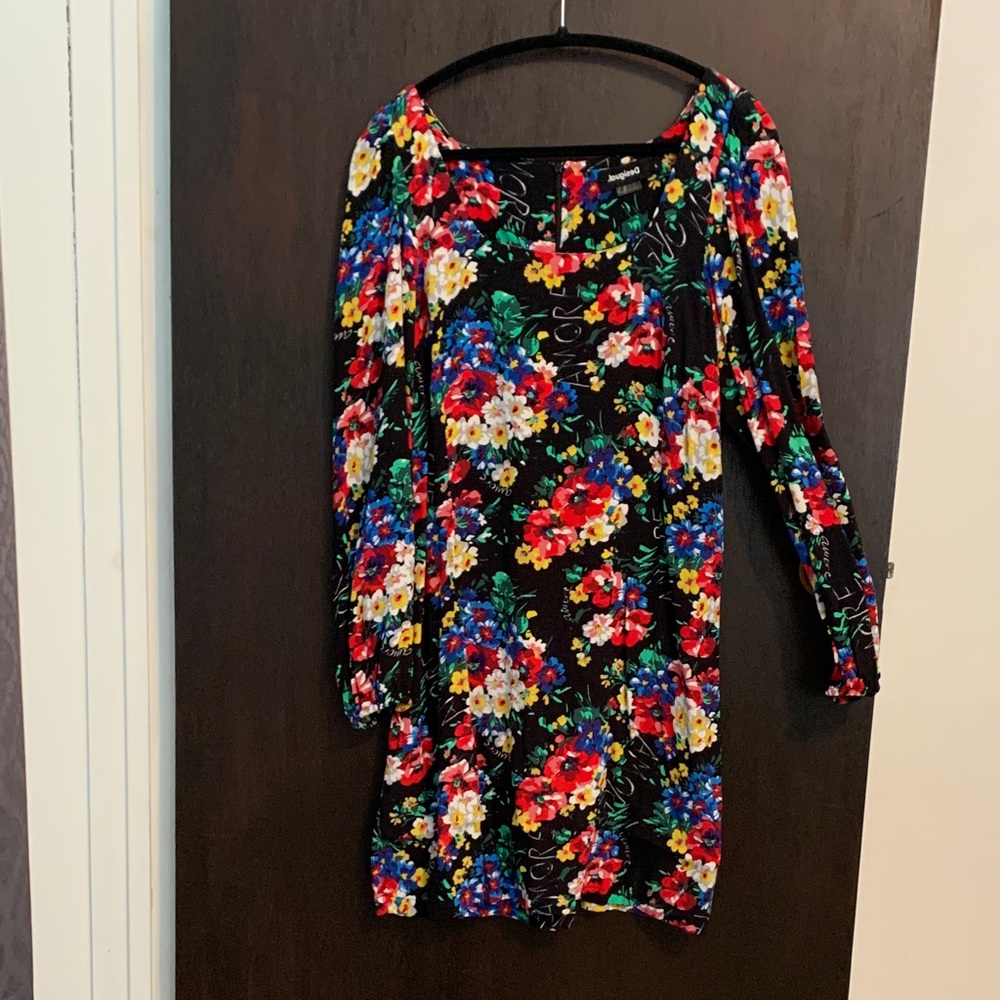 Desigual Black Multicolor Floral Long-Sleeve Dress